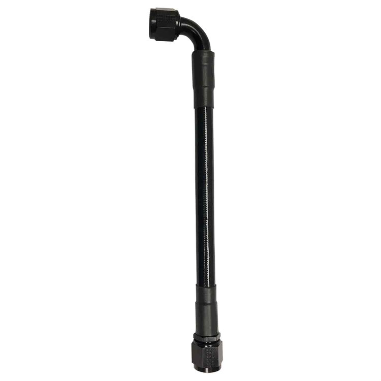 -6 AN P.T.F.E. Hose Assembly, Straight x 90 Degree, 30 in., Black Nuts, EXT Extreme Black Coveri