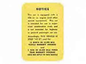 Factory Race Car Disclaimer Decal 1964-65 & 1968 Super Stock Hemi
