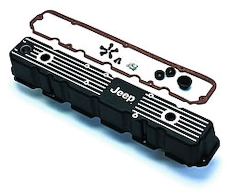 Black Aluminum Valve Cover 1981-86 Jeep I6 4.2L "Jeep" Logo Replaces OE Plastic Valve Cover for Reliable Leak-Free Seal