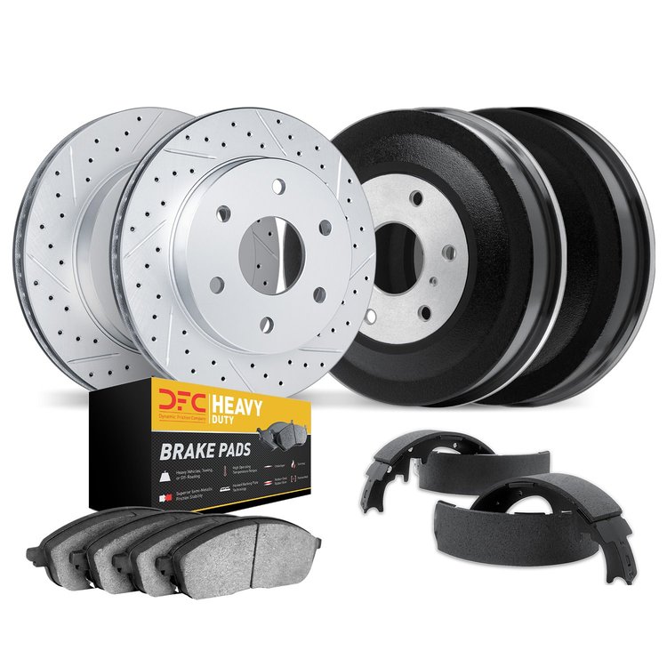 2204-40011 Geoperformance Drilled/Slotted Rotors w/Heavy-Duty Pads/Drums & Shoes Kit, 2000-2002 Mopar, Position: Front and Rear