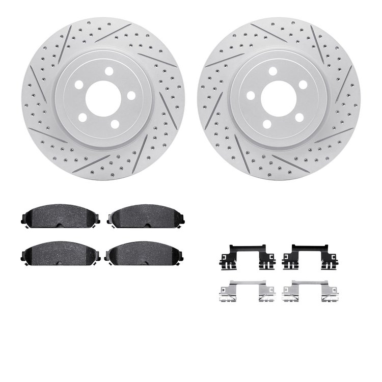 2212-39012 Geoperformance Drilled/Slotted Rotors w/Heavy-Duty Pads Kit & Hardware, Fits Select Mopar, Position: Front
