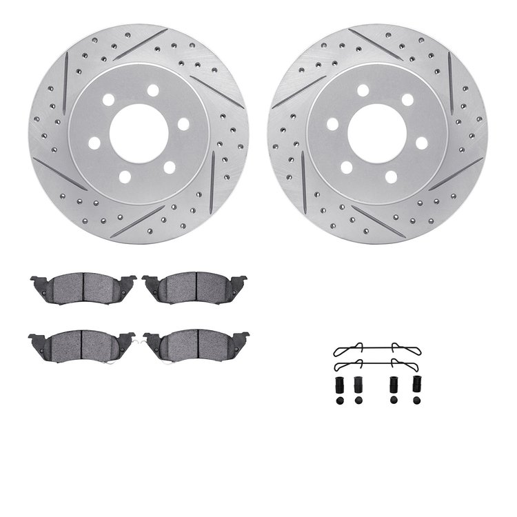 2212-40046 Geoperformance Drilled/Slotted Rotors w/Heavy-Duty Pads Kit & Hardware, 1997-1998 Mopar, Position: Front