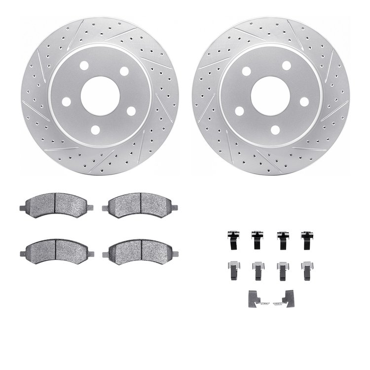 2212-40057 Geoperformance Drilled/Slotted Rotors w/Heavy-Duty Pads Kit & Hardware, 2006-2018 Mopar, Position: Front