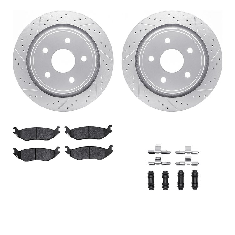 2212-40058 Geoperformance Drilled/Slotted Rotors w/Heavy-Duty Pads Kit & Hardware, 2002-2018 Mopar, Position: Rear