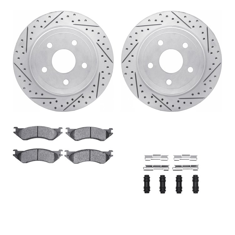 2212-40068 Geoperformance Drilled/Slotted Rotors w/Heavy-Duty Pads Kit & Hardware, 2004-2006 Mopar, Position: Rear