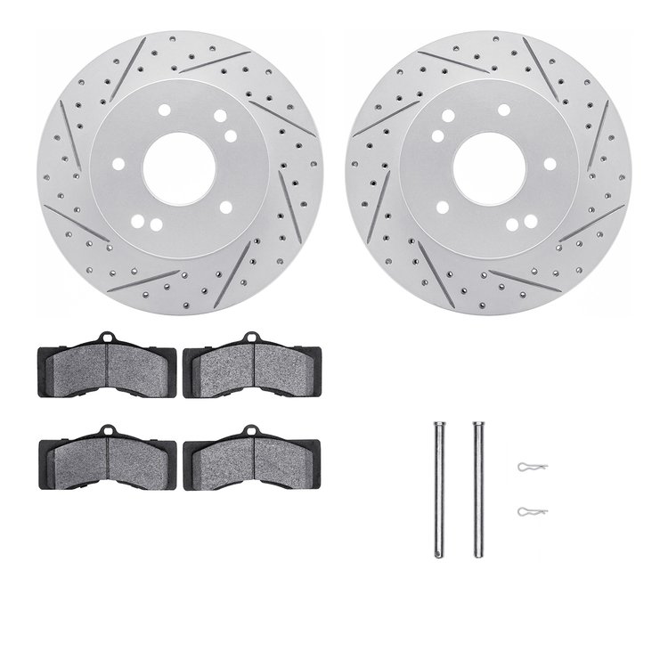2212-47004 Geoperformance Drilled/Slotted Rotors w/Heavy-Duty Pads Kit & Hardware, 1963-1982 GM, Position: Rear, Front