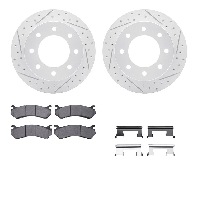 2212-48016 Geoperformance Drilled/Slotted Rotors w/Heavy-Duty Pads Kit & Hardware, 1999-2009 GM, Position: Rear