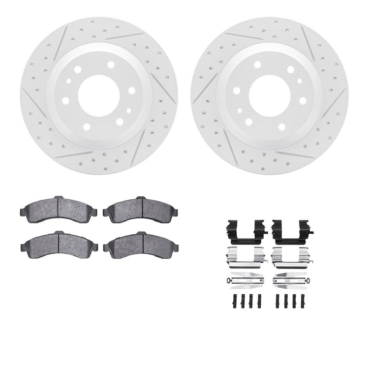 2212-48039 Geoperformance Drilled/Slotted Rotors w/Heavy-Duty Pads Kit & Hardware, 2002-2005 GM, Position: Front