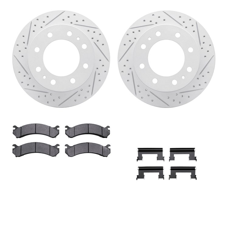 2212-48057 Geoperformance Drilled/Slotted Rotors w/Heavy-Duty Pads Kit & Hardware, 2001-2020 GM, Position: Front