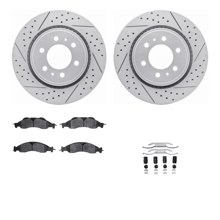 2212-99163 Geoperformance Drilled/Slotted Rotors w/Heavy-Duty Pads Kit & Hardware, 2007-2009 Ford/Lincoln/Mercury/Mazda, Positio