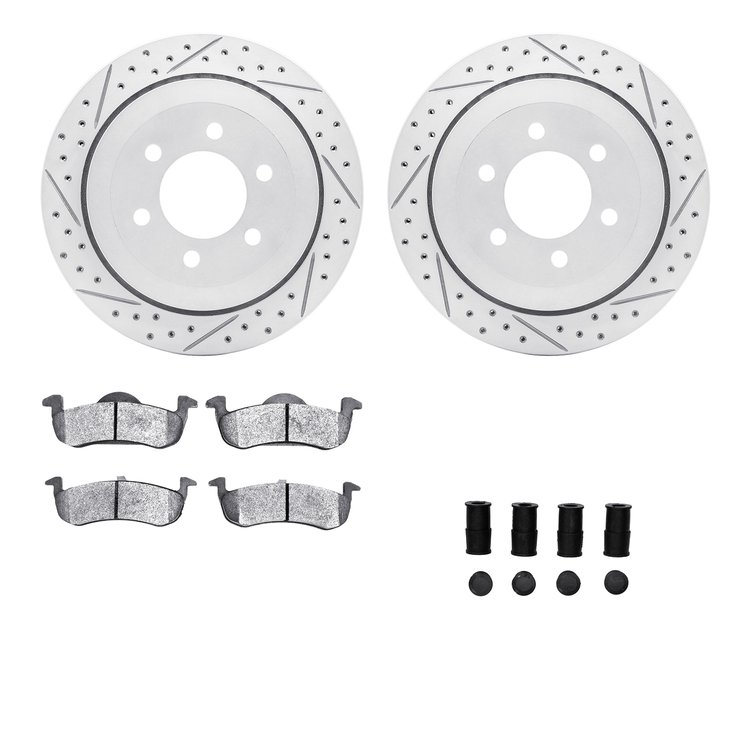 2212-99166 Geoperformance Drilled/Slotted Rotors w/Heavy-Duty Pads Kit & Hardware, 2007-2017 Ford/Lincoln/Mercury/Mazda, Positio