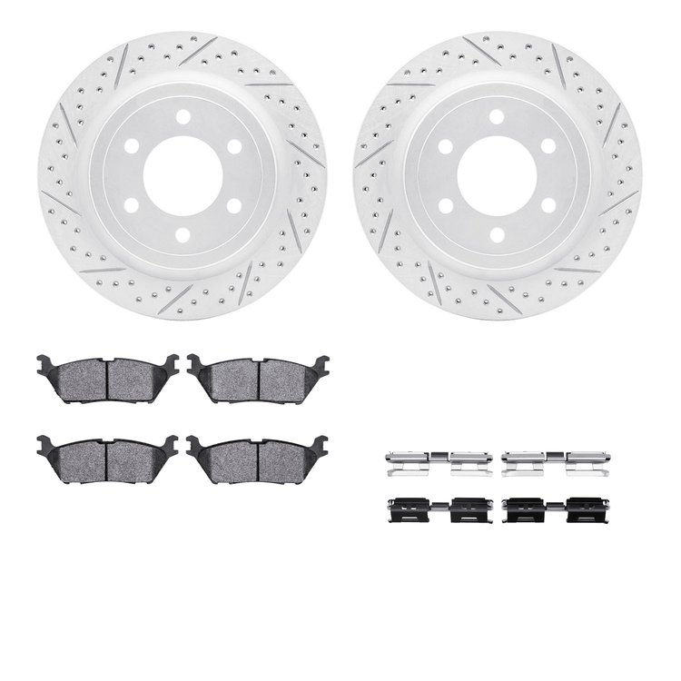 2212-99213 Geoperformance Drilled/Slotted Rotors w/Heavy-Duty Pads Kit & Hardware, 2018-2021 Ford/Lincoln/Mercury/Mazda, Positio
