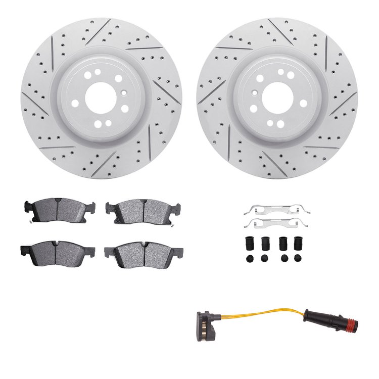 2222-63002 Geoperformance Drilled/Slotted Rotors w/Heavy-Duty Pads/Sensor & Hardware Kit, 2013-2019 Mercedes-Benz, Position: Fro