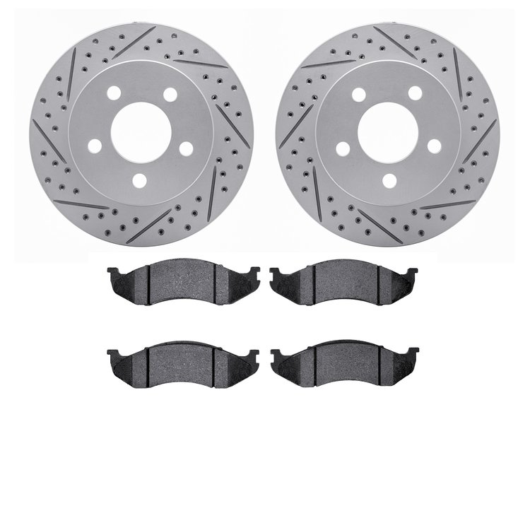 2402-42025 Geoperformance Drilled/Slotted Brake Rotors with Ultimate-Duty Brake Pads Kit, 1999-2006 Mopar, Position: Front
