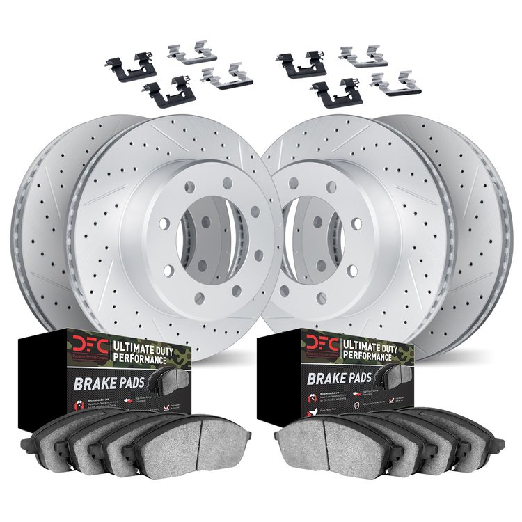 2414-40005 Geoperformance Drilled/Slotted Brake Rotors with Ultimate-Duty Brake Pads Kit & Hardware, 2003-2008 Mopar, Position: 