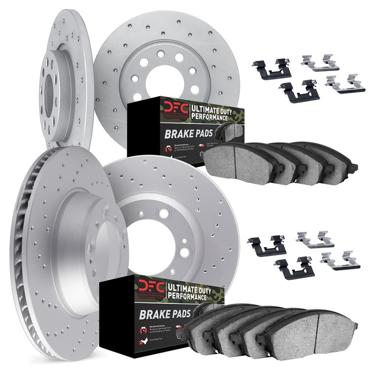 2414-42000 Geoperformance Drilled Brake Rotors with Ultimate-Duty Brake Pads Kit & Hardware, 2005-2010 Mopar, Position: Front an