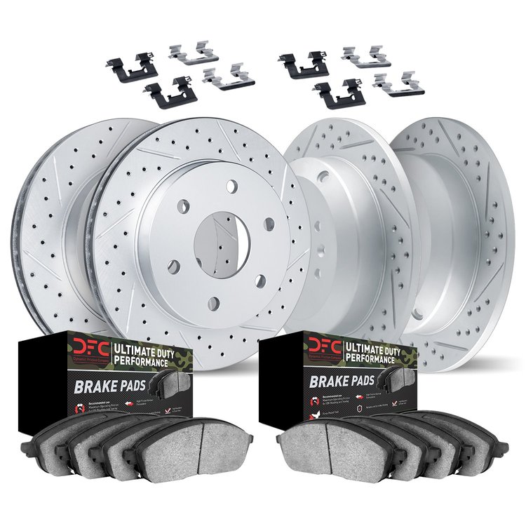 2414-67002 Geoperformance Drilled/Slotted Brake Rotors with Ultimate-Duty Brake Pads Kit & Hardware, 2005-2007 Infiniti/Nissan,