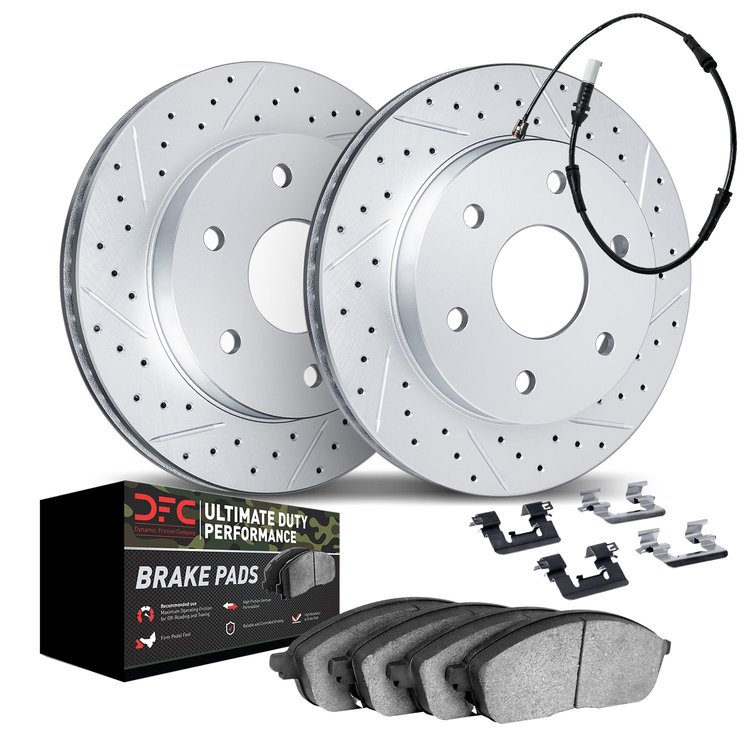 2422-47001 Geoperformance Drilled/Slotted Brake Rotors with Ultimate-Duty Brake Pads/Sensor & Hardware Kit, Fits Select GM, Posi