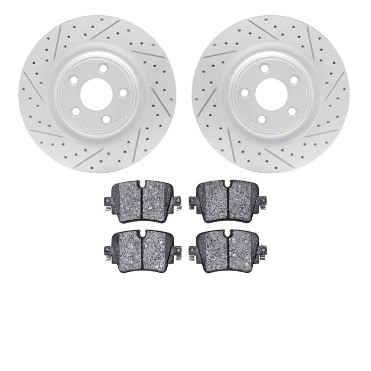 2502-20027 Geoperformance Drilled/Slotted Rotors w/5000 Advanced Brake Pads Kit, 2014-2021 Jaguar, Position: Rear