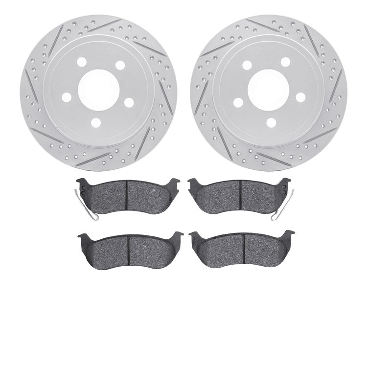 2502-42027 Geoperformance Drilled/Slotted Rotors w/5000 Advanced Brake Pads Kit, 2003-2007 Mopar, Position: Rear