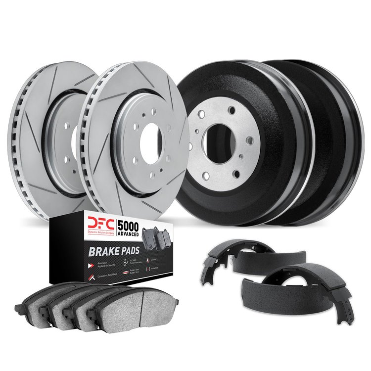2504-40032 Geoperformance Slotted Brake Rotors w/5000 Advanced Brake Pads/Drums & Shoes Kit, 2000-2002 Mopar, Position: Front an