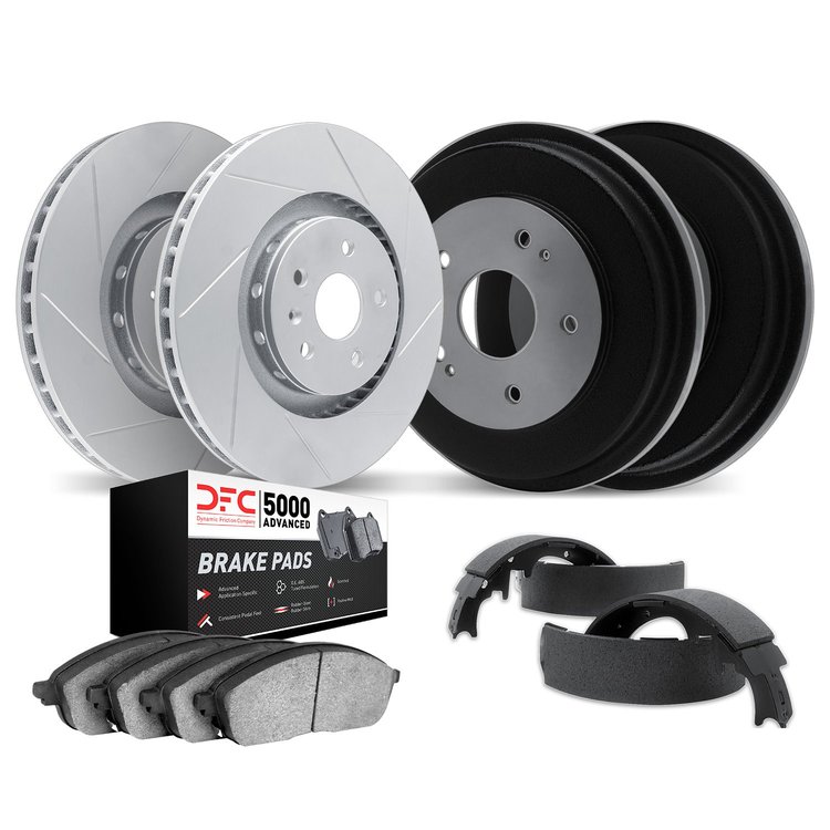 2504-42017 Geoperformance Slotted Brake Rotors w/5000 Advanced Brake Pads/Drums & Shoes Kit, 2007-2016 Mopar, Position: Front an