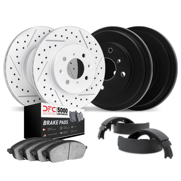 2504-76019 Geoperformance Drilled/Slotted Rotors w/5000 Advanced Brake Pads/Drums & Shoes Kit, 1998-2002 Multiple Makes/Models,