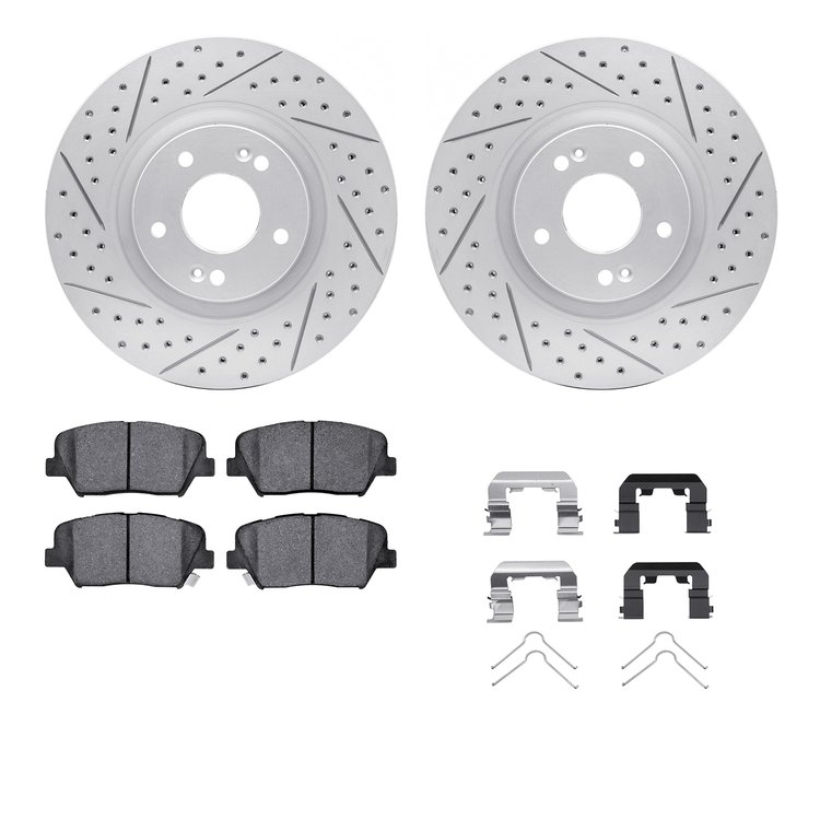 2512-03003 Geoperformance Drilled/Slotted Rotors w/5000 Advanced Brake Pads Kit & Hardware, Fits Select Kia/Hyundai/Genesis, Pos