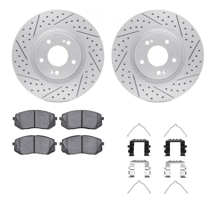 2512-03004 Geoperformance Drilled/Slotted Rotors w/5000 Advanced Brake Pads Kit & Hardware, 2016-2020 Kia/Hyundai/Genesis, Posit