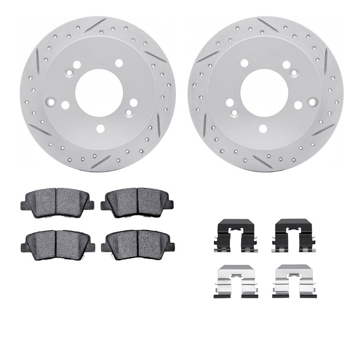 2512-03007 Geoperformance Drilled/Slotted Rotors w/5000 Advanced Brake Pads Kit & Hardware, 2008-2010 Kia/Hyundai/Genesis, Posit