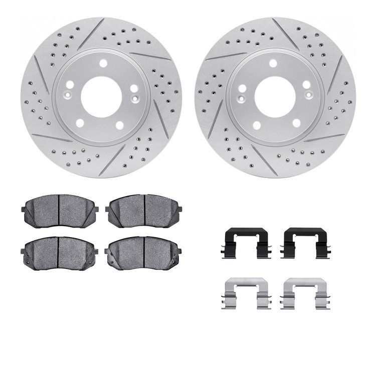 2512-03009 Geoperformance Drilled/Slotted Rotors w/5000 Advanced Brake Pads Kit & Hardware, 2011-2012 Kia/Hyundai/Genesis, Posit