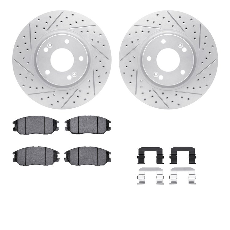 2512-03014 Geoperformance Drilled/Slotted Rotors w/5000 Advanced Brake Pads Kit & Hardware, 2004-2006 Kia/Hyundai/Genesis, Posit