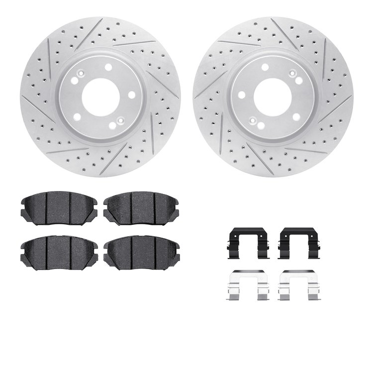 2512-03015 Geoperformance Drilled/Slotted Rotors w/5000 Advanced Brake Pads Kit & Hardware, 2006-2011 Kia/Hyundai/Genesis, Posit