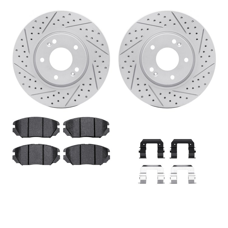 2512-03018 Geoperformance Drilled/Slotted Rotors w/5000 Advanced Brake Pads Kit & Hardware, 2005-2010 Kia/Hyundai/Genesis, Posit