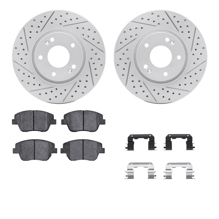 2512-03022 Geoperformance Drilled/Slotted Rotors w/5000 Advanced Brake Pads Kit & Hardware, 2009-2016 Kia/Hyundai/Genesis, Posit