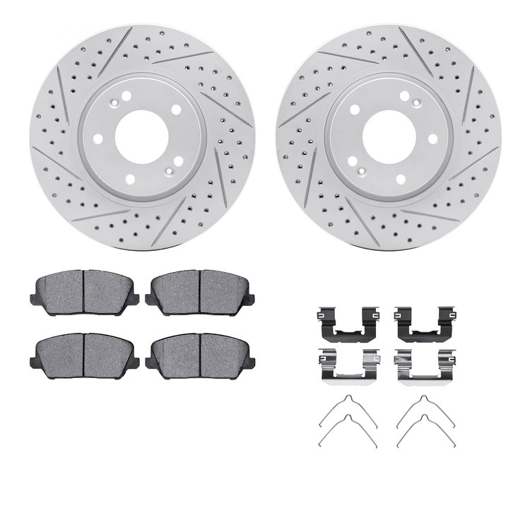 2512-03023 Geoperformance Drilled/Slotted Rotors w/5000 Advanced Brake Pads Kit & Hardware, 2016-2017 Kia/Hyundai/Genesis, Posit
