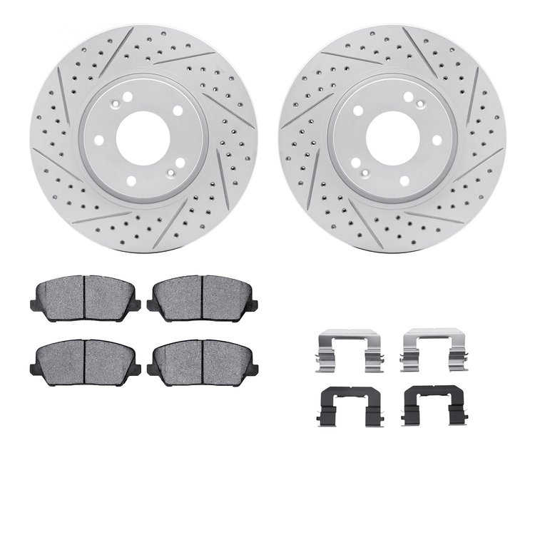 2512-03024 Geoperformance Drilled/Slotted Rotors w/5000 Advanced Brake Pads Kit & Hardware, 2014-2018 Kia/Hyundai/Genesis, Posit