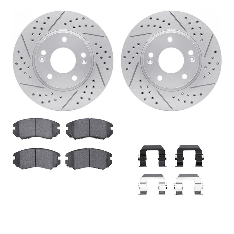 2512-03025 Geoperformance Drilled/Slotted Rotors w/5000 Advanced Brake Pads Kit & Hardware, 2003-2013 Kia/Hyundai/Genesis, Posit