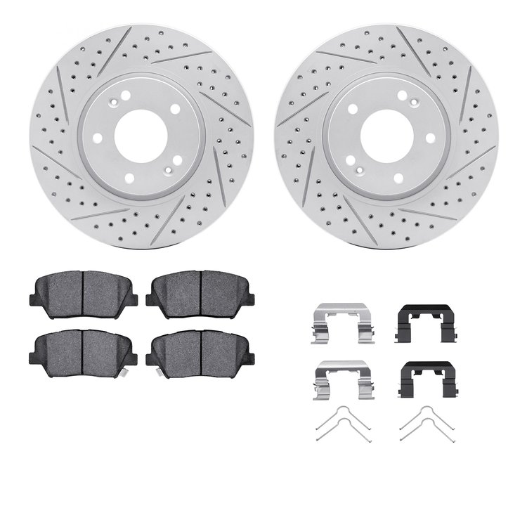 2512-03026 Geoperformance Drilled/Slotted Rotors w/5000 Advanced Brake Pads Kit & Hardware, 2014-2017 Kia/Hyundai/Genesis, Posit