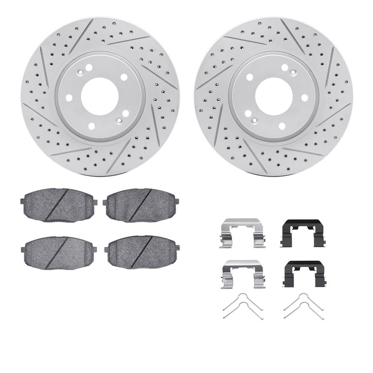 2512-03027 Geoperformance Drilled/Slotted Rotors w/5000 Advanced Brake Pads Kit & Hardware, 2017-2019 Kia/Hyundai/Genesis, Posit