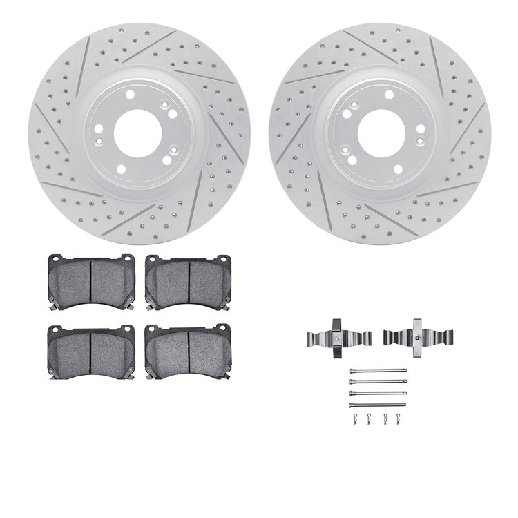 2512-03039 Geoperformance Drilled/Slotted Rotors w/5000 Advanced Brake Pads Kit & Hardware, 2009-2014 Kia/Hyundai/Genesis, Posit