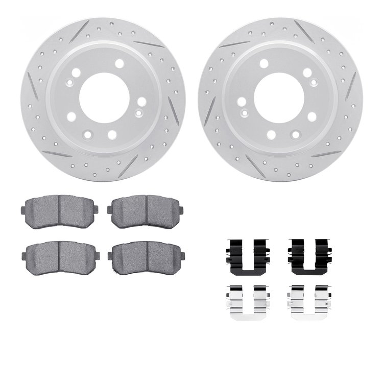 2512-03040 Geoperformance Drilled/Slotted Rotors w/5000 Advanced Brake Pads Kit & Hardware, 2009-2016 Kia/Hyundai/Genesis, Posit