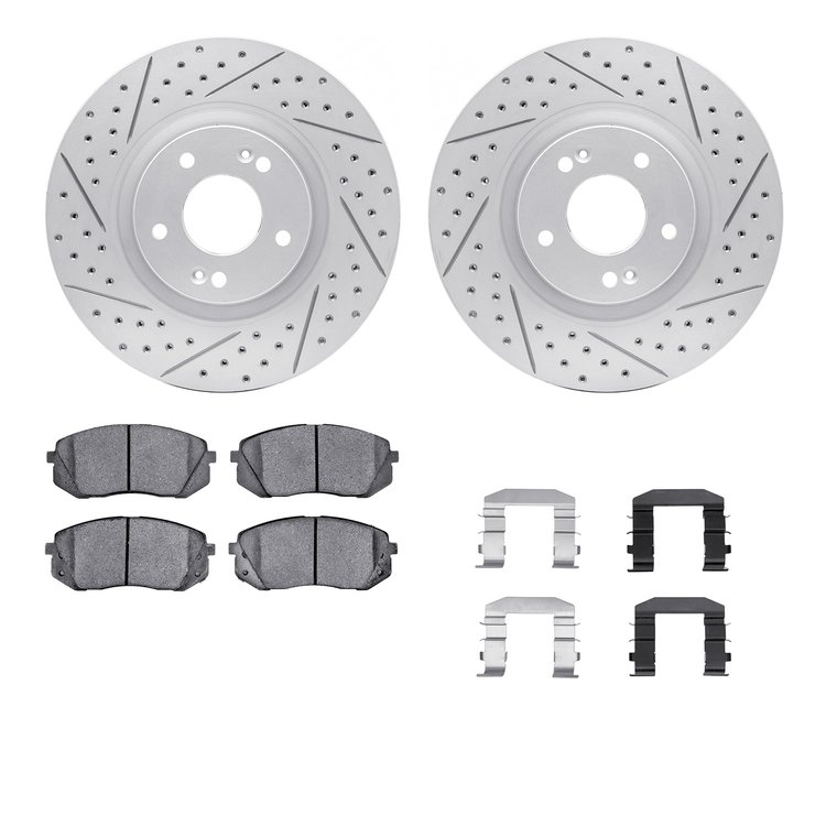 2512-03042 Geoperformance Drilled/Slotted Rotors w/5000 Advanced Brake Pads Kit & Hardware, 2014-2017 Kia/Hyundai/Genesis, Posit
