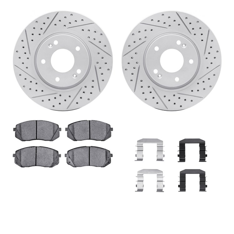 2512-03043 Geoperformance Drilled/Slotted Rotors w/5000 Advanced Brake Pads Kit & Hardware, 2010-2016 Kia/Hyundai/Genesis, Posit