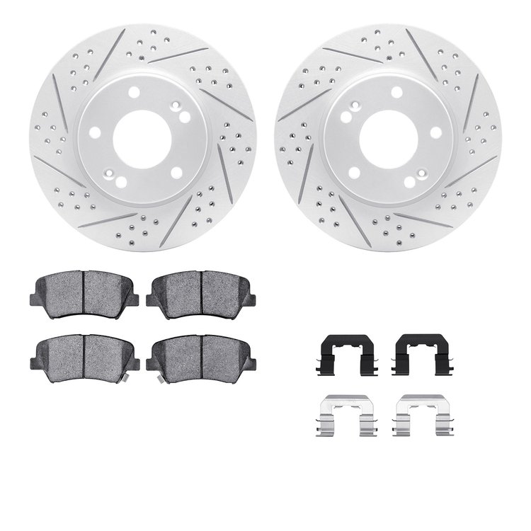 2512-03056 Geoperformance Drilled/Slotted Rotors w/5000 Advanced Brake Pads Kit & Hardware, 2011-2016 Kia/Hyundai/Genesis, Posit