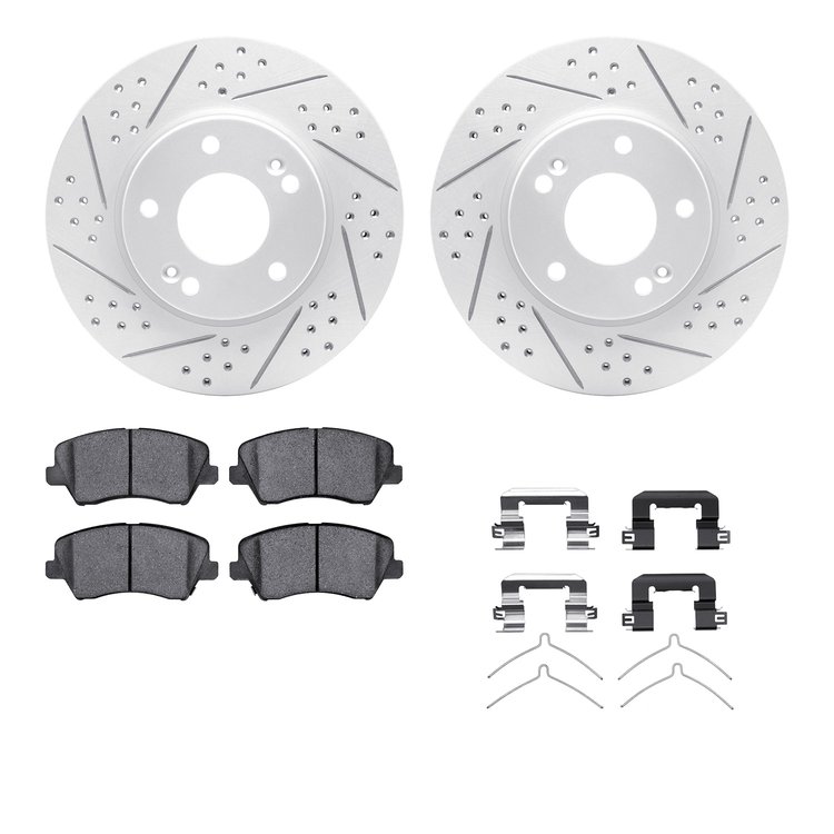 2512-03058 Geoperformance Drilled/Slotted Rotors w/5000 Advanced Brake Pads Kit & Hardware, 2016-2021 Kia/Hyundai/Genesis, Posit