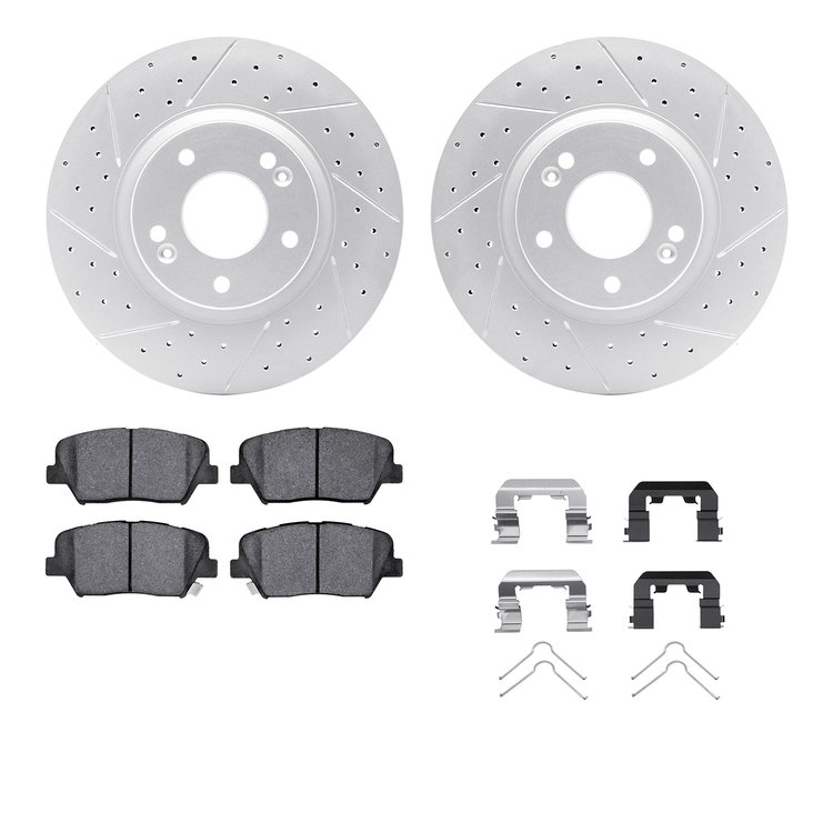 2512-03082 Geoperformance Drilled/Slotted Rotors w/5000 Advanced Brake Pads Kit & Hardware, 2010-2013 Kia/Hyundai/Genesis, Posit