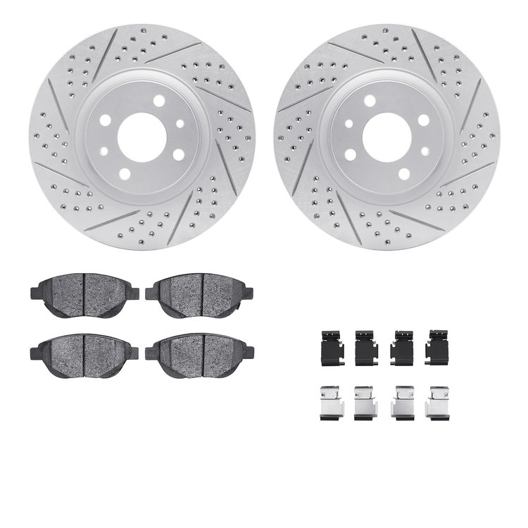 2512-07003 Geoperformance Drilled/Slotted Rotors w/5000 Advanced Brake Pads Kit & Hardware, 2012-2019 Mopar, Position: Front
