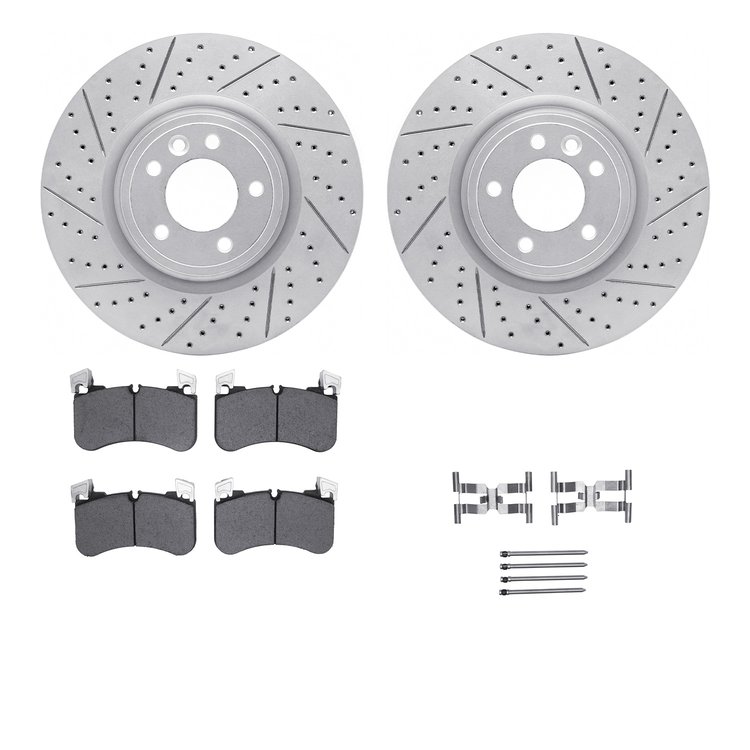 2512-11037 Geoperformance Drilled/Slotted Rotors w/5000 Advanced Brake Pads Kit & Hardware, 2018-2021 Land Rover, Position: Fron