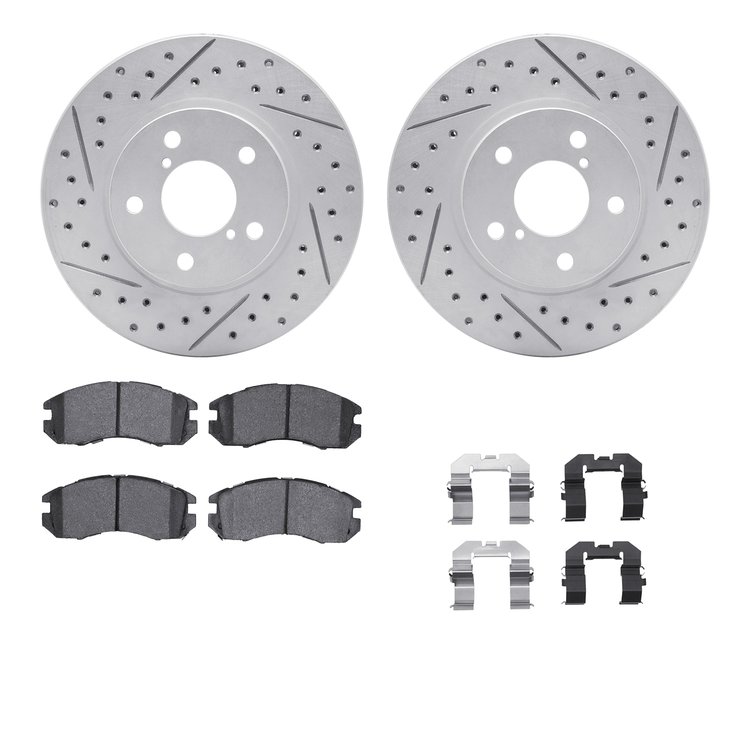2512-13000 Geoperformance Drilled/Slotted Rotors w/5000 Advanced Brake Pads Kit & Hardware, 1990-1996 Subaru, Position: Front